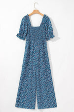 Load image into Gallery viewer, Blue Vintage Boho Floral Smocked Short Puff Sleeve Wide Leg Jumpsuit - Fashion Queen -  13
