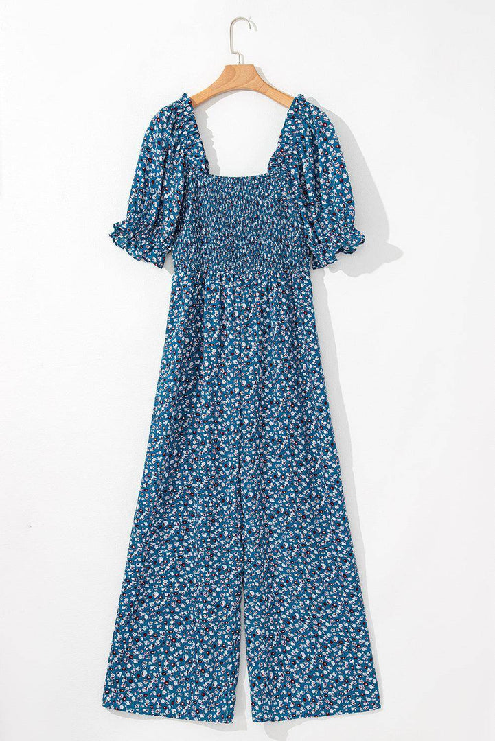 Blue Vintage Boho Floral Smocked Short Puff Sleeve Wide Leg Jumpsuit - Fashion Queen -  13