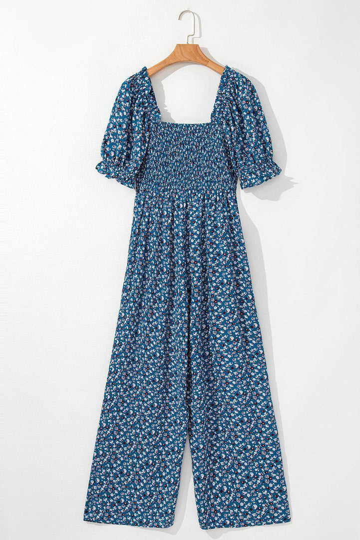 Blue Vintage Boho Floral Smocked Short Puff Sleeve Wide Leg Jumpsuit - Fashion Queen -  14