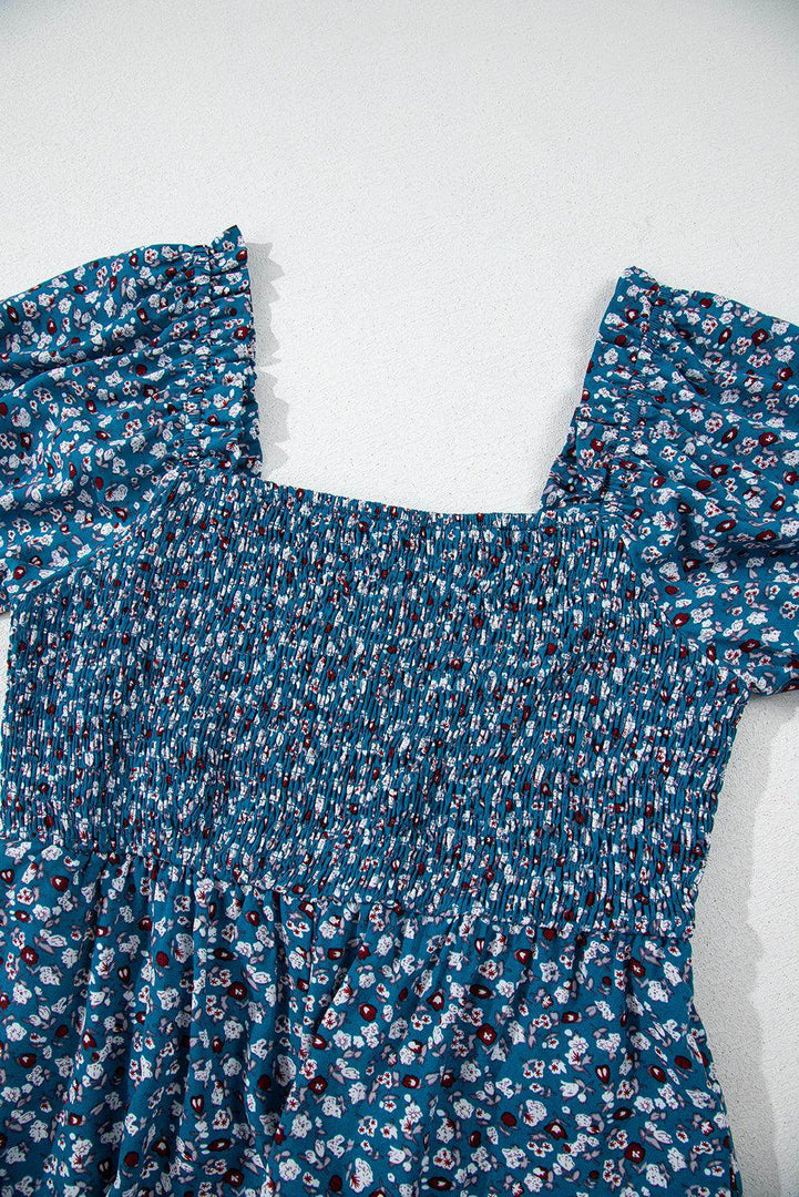 Blue Vintage Boho Floral Smocked Short Puff Sleeve Wide Leg Jumpsuit - Fashion Queen -  18