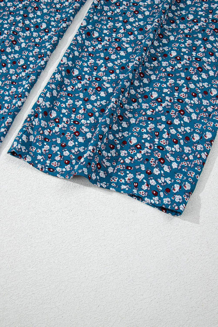 Blue Vintage Boho Floral Smocked Short Puff Sleeve Wide Leg Jumpsuit - Fashion Queen -  19