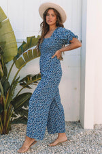 Load image into Gallery viewer, Blue Vintage Boho Floral Smocked Short Puff Sleeve Wide Leg Jumpsuit - Fashion Queen -  3
