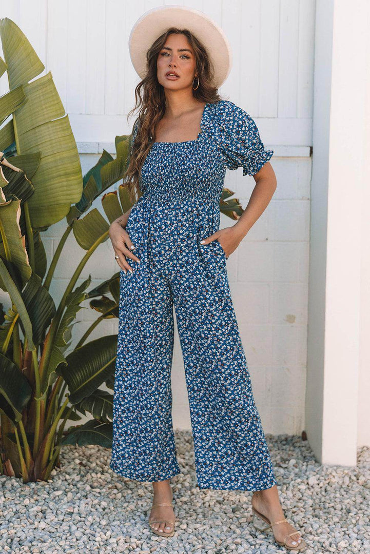 Blue Vintage Boho Floral Smocked Short Puff Sleeve Wide Leg Jumpsuit - Fashion Queen -  4