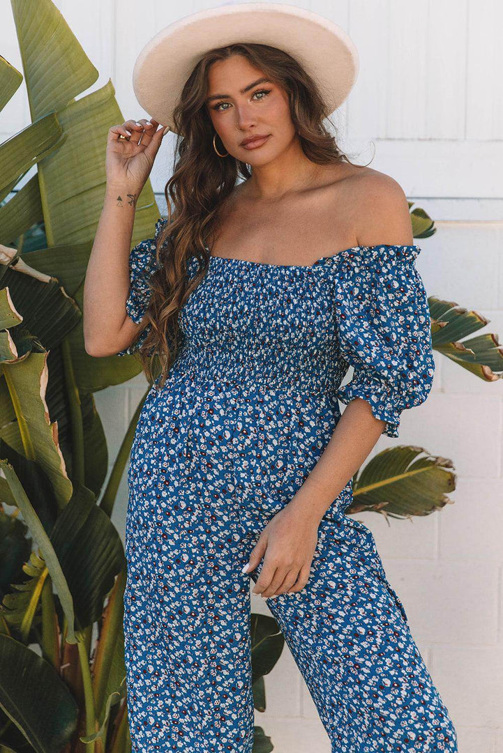 Blue Vintage Boho Floral Smocked Short Puff Sleeve Wide Leg Jumpsuit - Fashion Queen -  6