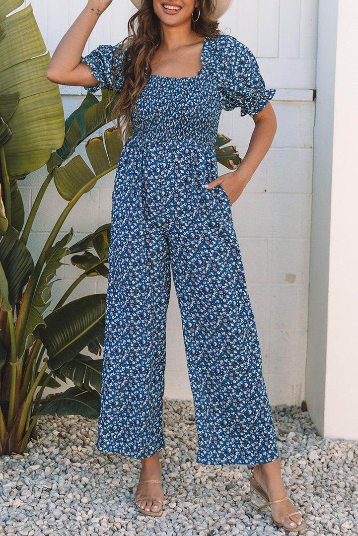Blue Vintage Boho Floral Smocked Short Puff Sleeve Wide Leg Jumpsuit - Fashion Queen -  7