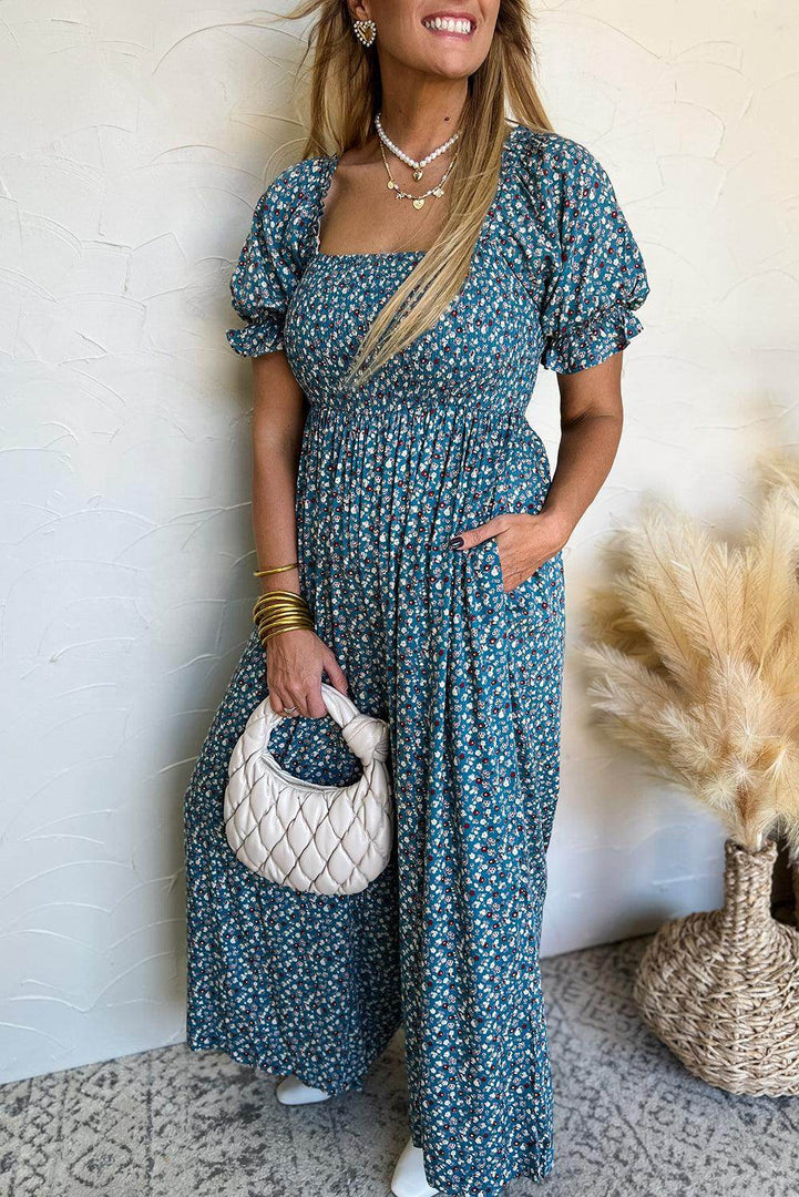 Blue Vintage Boho Floral Smocked Short Puff Sleeve Wide Leg Jumpsuit - Fashion Queen -  8