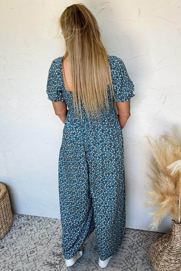 Blue Vintage Boho Floral Smocked Short Puff Sleeve Wide Leg Jumpsuit - Fashion Queen -  9