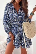 Load image into Gallery viewer, Blue Vintage Print Lace up V Neck Long Sleeve Mini Dress - Fashion Queen -  1
