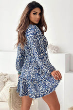 Load image into Gallery viewer, Blue Vintage Print Lace up V Neck Long Sleeve Mini Dress - Fashion Queen -  2
