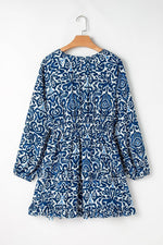 Load image into Gallery viewer, Blue Vintage Print Lace up V Neck Long Sleeve Mini Dress - Fashion Queen -  4
