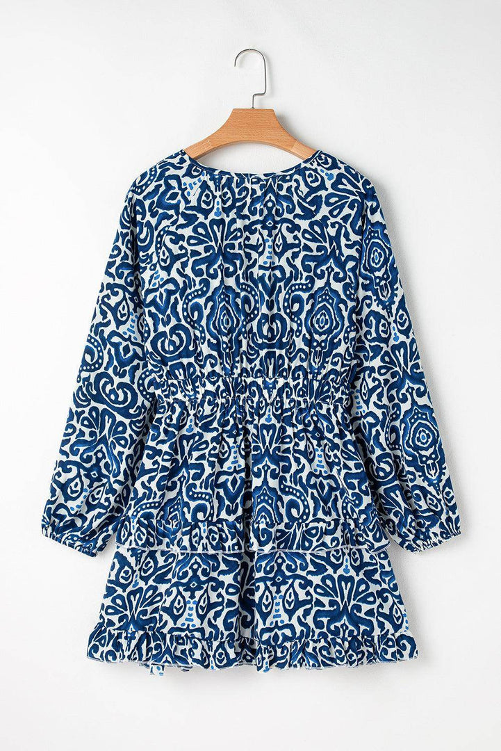Blue Vintage Print Lace up V Neck Long Sleeve Mini Dress - Fashion Queen -  4