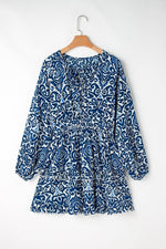 Load image into Gallery viewer, Blue Vintage Print Lace up V Neck Long Sleeve Mini Dress - Fashion Queen -  5
