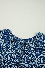 Load image into Gallery viewer, Blue Vintage Print Lace up V Neck Long Sleeve Mini Dress - Fashion Queen -  6
