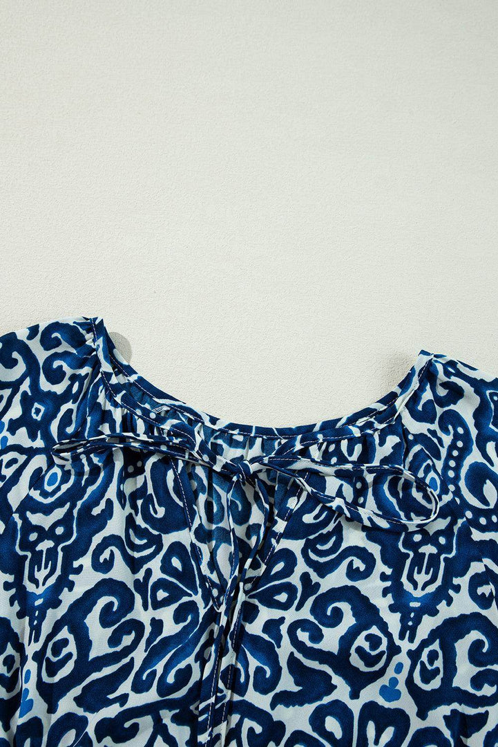 Blue Vintage Print Lace up V Neck Long Sleeve Mini Dress - Fashion Queen -  6