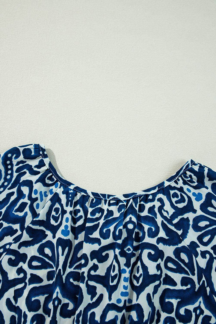 Blue Vintage Print Lace up V Neck Long Sleeve Mini Dress - Fashion Queen -  7