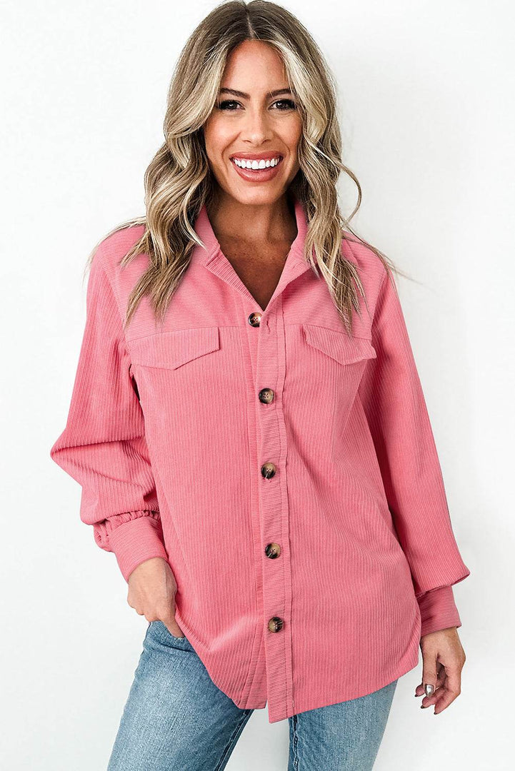 Bonbon Corduroy Flap Detail Button Up Split Shacket - Fashion Queen -  3