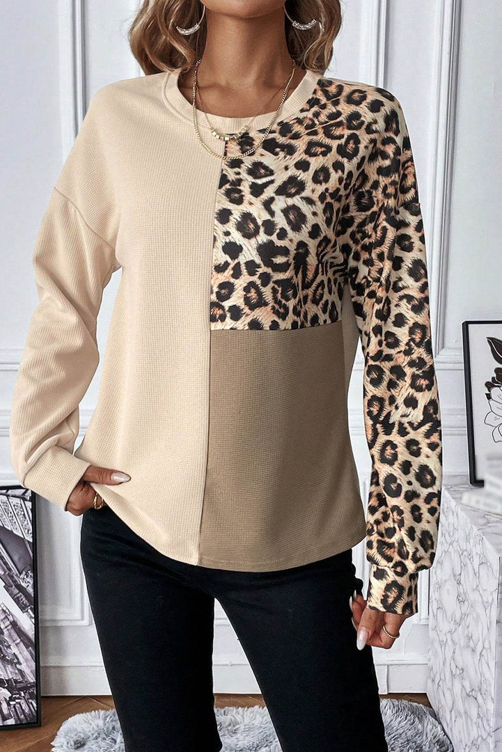 Bonbon Leopard Colorblock Waffle Knit Top - Fashion Queen -  16