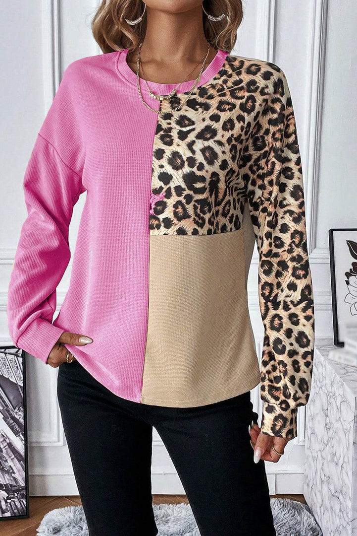 Bonbon Leopard Colorblock Waffle Knit Top - Fashion Queen -  7