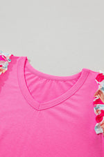 Load image into Gallery viewer, Bonbon V Neck Printed Ruffle Sleeve Patchwork T-shirt - Fashion Queen -  12
