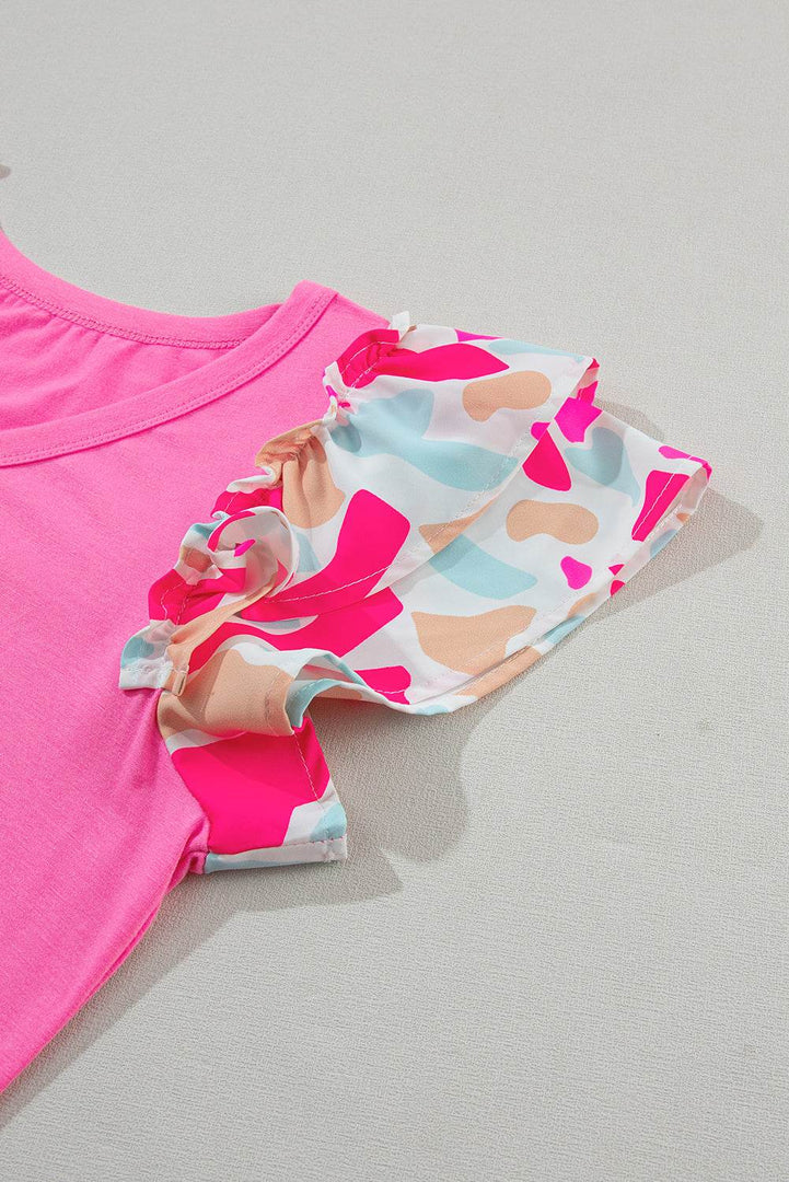 Bonbon V Neck Printed Ruffle Sleeve Patchwork T-shirt - Fashion Queen -  13