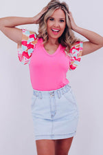 Load image into Gallery viewer, Bonbon V Neck Printed Ruffle Sleeve Patchwork T-shirt - Fashion Queen -  3
