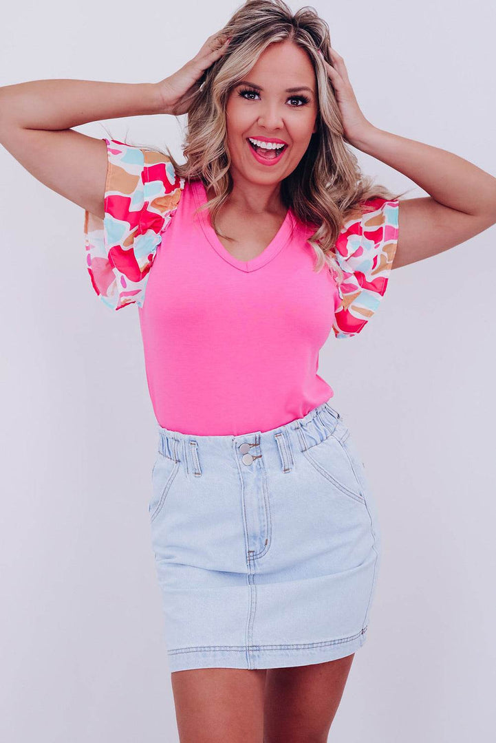 Bonbon V Neck Printed Ruffle Sleeve Patchwork T-shirt - Fashion Queen -  3