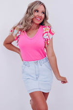 Load image into Gallery viewer, Bonbon V Neck Printed Ruffle Sleeve Patchwork T-shirt - Fashion Queen -  4
