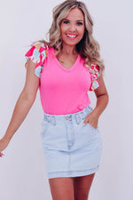Load image into Gallery viewer, Bonbon V Neck Printed Ruffle Sleeve Patchwork T-shirt - Fashion Queen -  5
