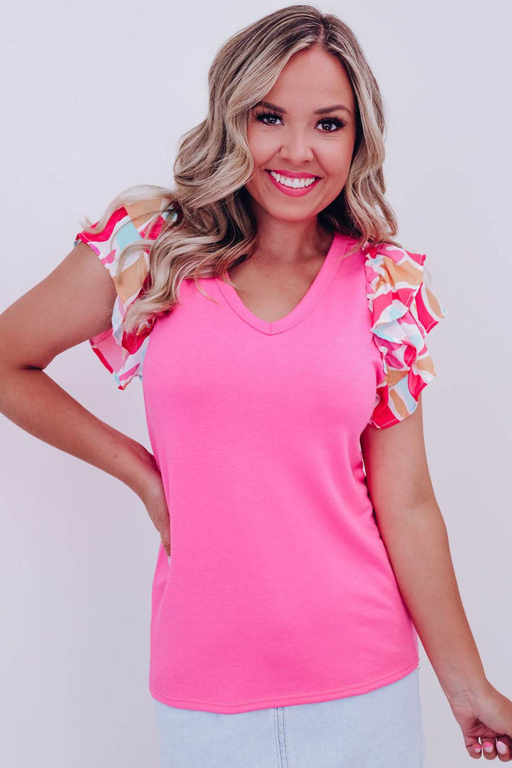 Bonbon V Neck Printed Ruffle Sleeve Patchwork T-shirt - Fashion Queen -  7