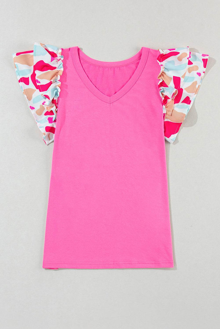 Bonbon V Neck Printed Ruffle Sleeve Patchwork T-shirt - Fashion Queen -  8