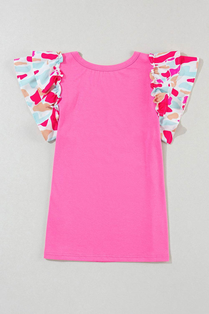 Bonbon V Neck Printed Ruffle Sleeve Patchwork T-shirt - Fashion Queen -  9