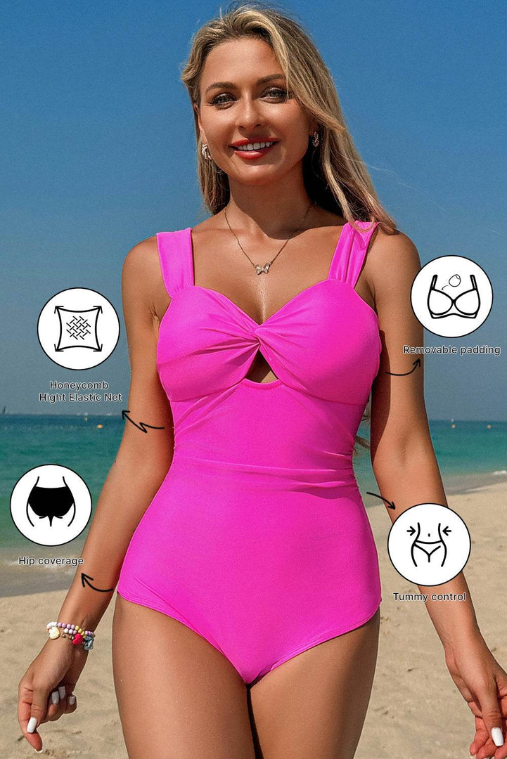 Bright Pink Cut out Twist Bowknot Backless One Piece Swimsuit - Fashion Queen -  1