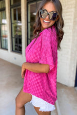 Load image into Gallery viewer, Bright Pink Lapel Neck Checkered Textured Short Sleeve Shirt - Fashion Queen -  10
