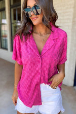 Load image into Gallery viewer, Bright Pink Lapel Neck Checkered Textured Short Sleeve Shirt - Fashion Queen -  11
