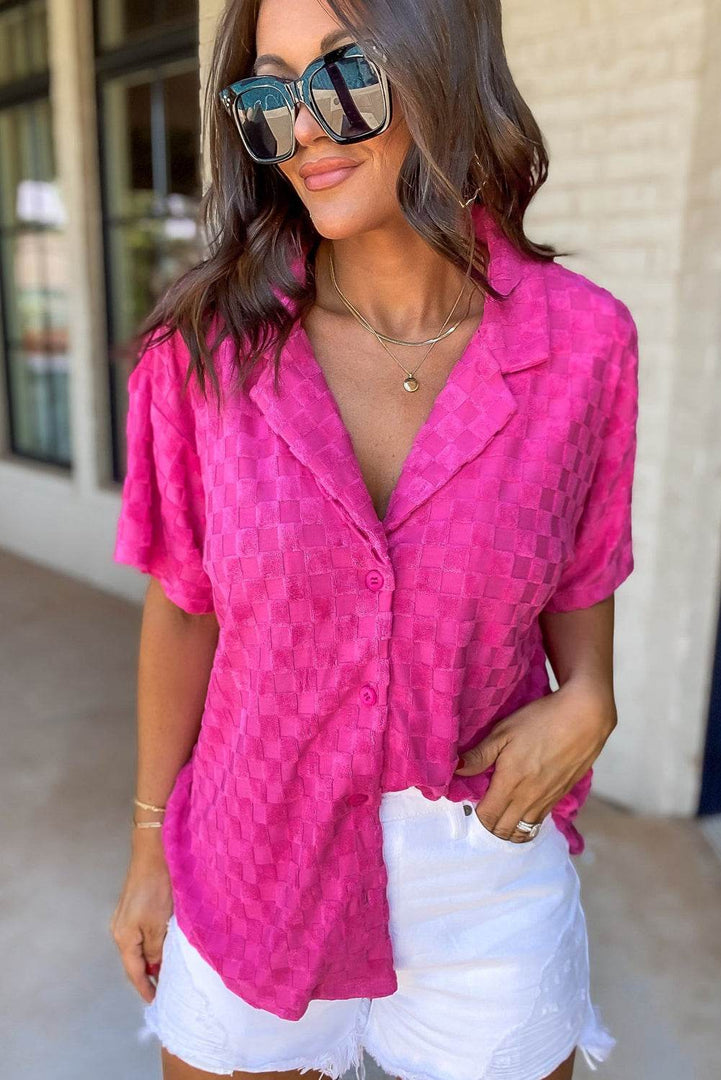 Bright Pink Lapel Neck Checkered Textured Short Sleeve Shirt - Fashion Queen -  11