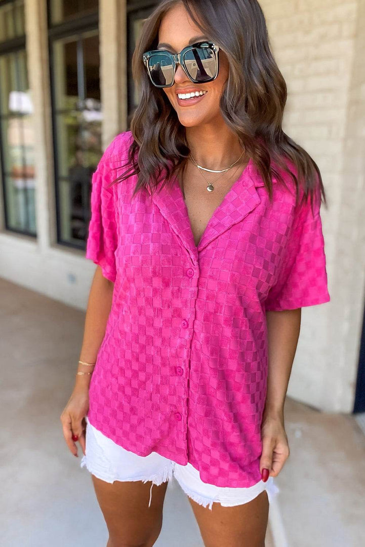 Bright Pink Lapel Neck Checkered Textured Short Sleeve Shirt - Fashion Queen -  12