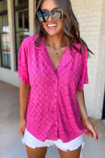 Load image into Gallery viewer, Bright Pink Lapel Neck Checkered Textured Short Sleeve Shirt - Fashion Queen -  13
