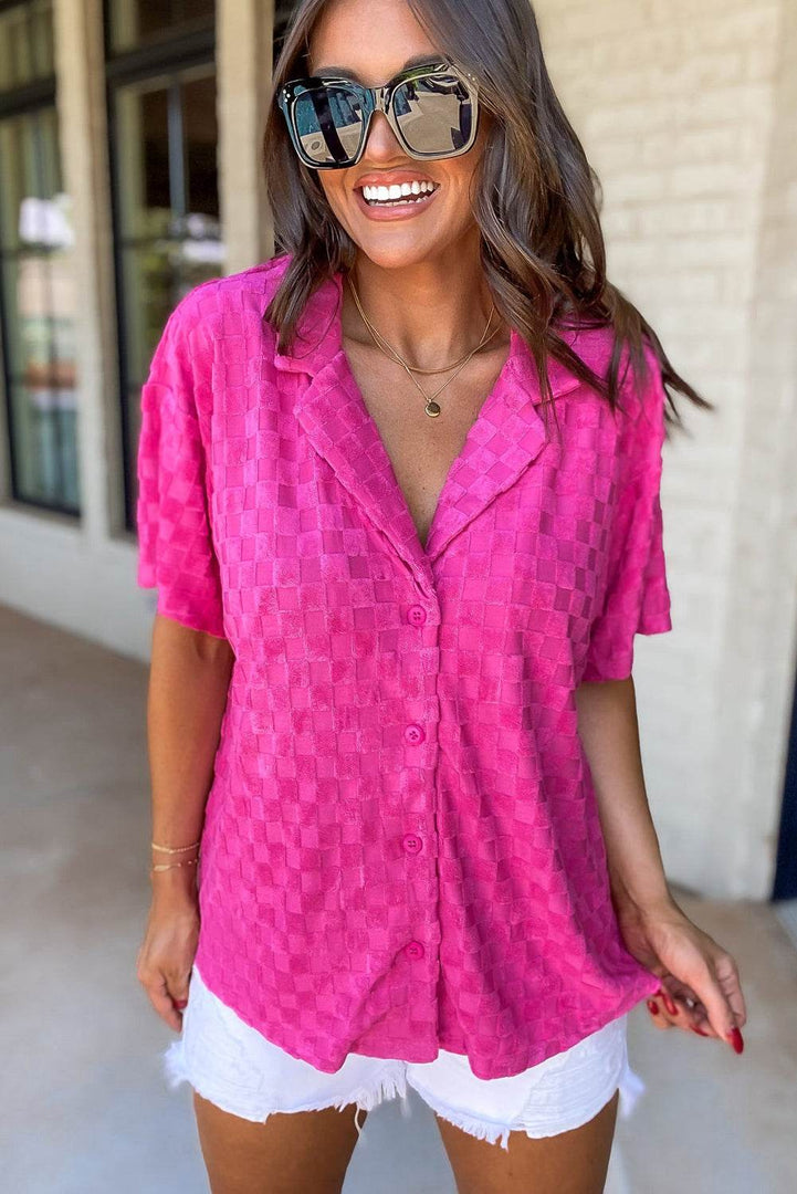 Bright Pink Lapel Neck Checkered Textured Short Sleeve Shirt - Fashion Queen -  13