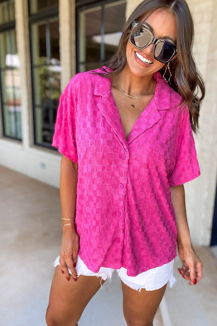 Bright Pink Lapel Neck Checkered Textured Short Sleeve Shirt - Fashion Queen -  14