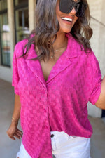 Load image into Gallery viewer, Bright Pink Lapel Neck Checkered Textured Short Sleeve Shirt - Fashion Queen -  15
