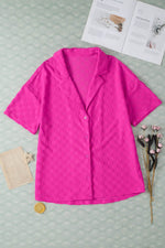 Load image into Gallery viewer, Bright Pink Lapel Neck Checkered Textured Short Sleeve Shirt - Fashion Queen -  16
