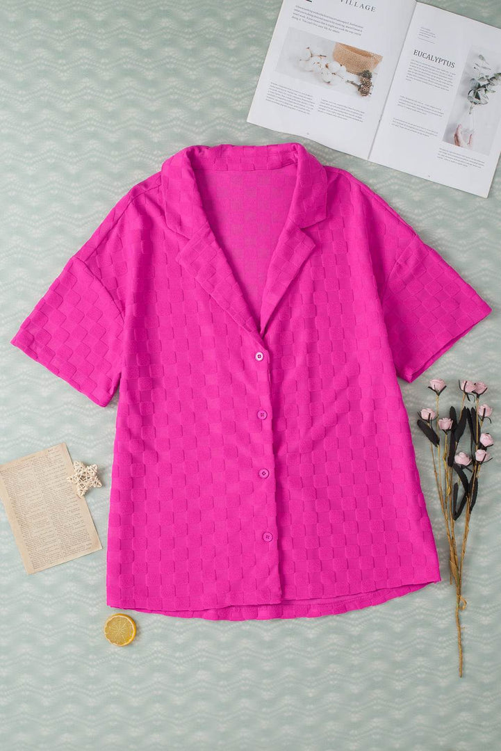 Bright Pink Lapel Neck Checkered Textured Short Sleeve Shirt - Fashion Queen -  16