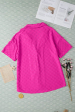 Load image into Gallery viewer, Bright Pink Lapel Neck Checkered Textured Short Sleeve Shirt - Fashion Queen -  17
