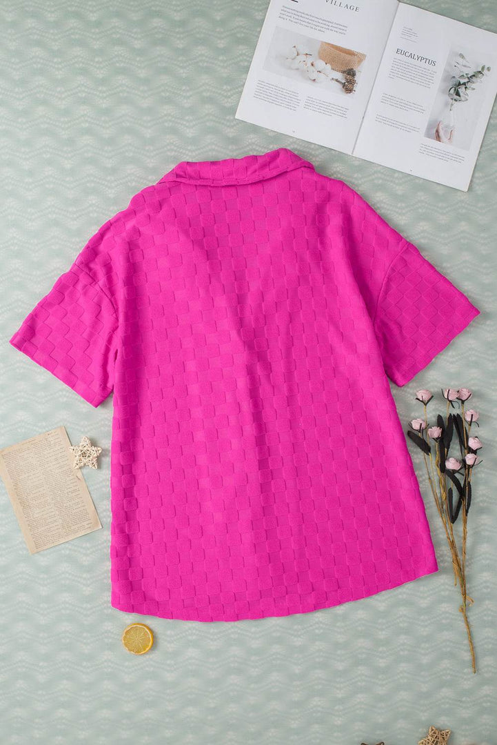 Bright Pink Lapel Neck Checkered Textured Short Sleeve Shirt - Fashion Queen -  17