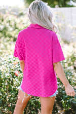 Load image into Gallery viewer, Bright Pink Lapel Neck Checkered Textured Short Sleeve Shirt - Fashion Queen -  2
