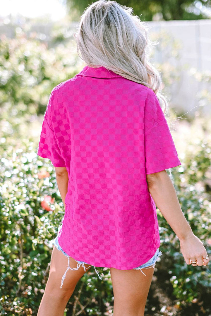 Bright Pink Lapel Neck Checkered Textured Short Sleeve Shirt - Fashion Queen -  2