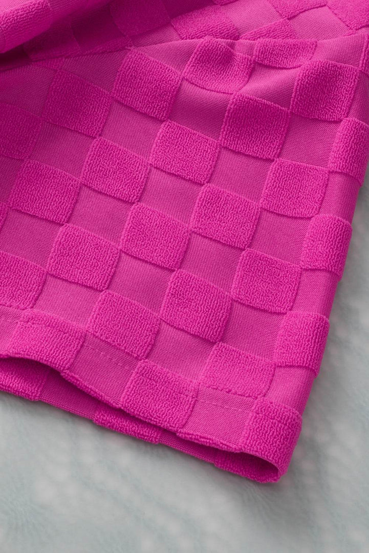 Bright Pink Lapel Neck Checkered Textured Short Sleeve Shirt - Fashion Queen -  20
