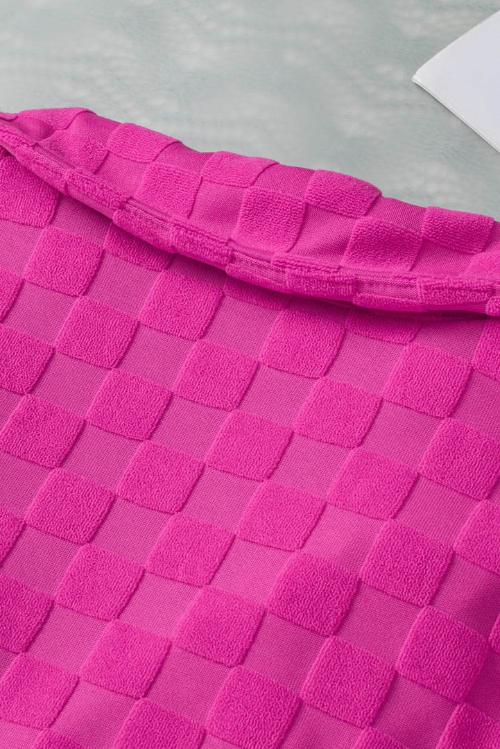 Bright Pink Lapel Neck Checkered Textured Short Sleeve Shirt - Fashion Queen -  22