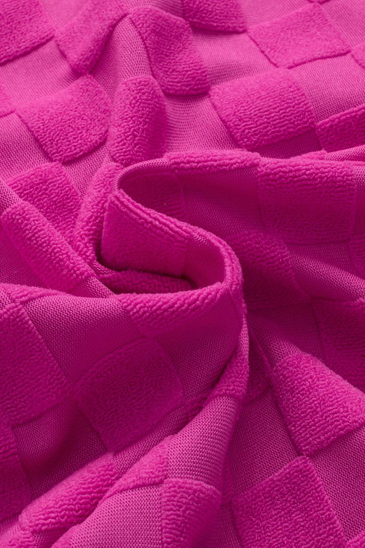Bright Pink Lapel Neck Checkered Textured Short Sleeve Shirt - Fashion Queen -  23