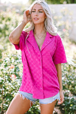 Load image into Gallery viewer, Bright Pink Lapel Neck Checkered Textured Short Sleeve Shirt - Fashion Queen -  3
